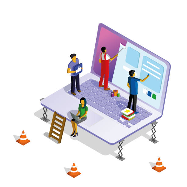 Isometric illustration with a laptop, men and women working on web design.